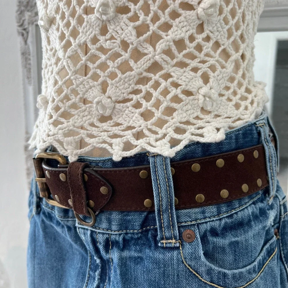 vintage genuine leather brown studded belt